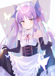 Rule 34 | 1girl, bare shoulders, black gloves, blush, bow, breasts, bug, butterfly, commentary request, dress, elbow gloves, frown, gloves, hair bow, highres, insect, kyoka (princess connect!), long hair, looking at viewer, maid, maid headdress, pointy ears, princess connect!, purple bow, red eyes, red ribbon, ribbon, small breasts, solo, twintails, user wvnn2353