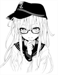 Rule 34 | anchor symbol, glasses, greyscale, hand on own chin, hat, hibiki (kancolle), hikobae, kantai collection, long hair, messy hair, monochrome, simple background, solo, white background, white hair
