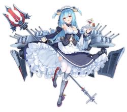 Rule 34 | 1girl, :d, armored boots, artist request, azur lane, blue hair, boots, breasts, chain, clam shell, collarbone, cup, detached sleeves, drinking glass, full body, long hair, looking at viewer, medium breasts, neptune (azur lane), open mouth, polearm, profile, smile, solo, thighhighs, third-party source, transparent background, tray, trident, weapon, white thighhighs, wine glass, world of warships, yellow eyes