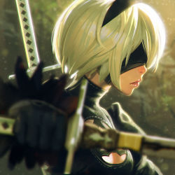 Rule 34 | 1girl, android, blindfold, blurry, breasts, cleavage, cleavage cutout, clothing cutout, covered eyes, depth of field, gloves, holding, holding sword, holding weapon, ilya kuvshinov, nier:automata, nier (series), short hair, solo, sword, upper body, weapon, weapon on back, white hair, 2b (nier:automata)