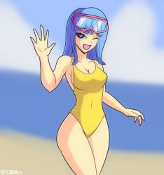 Rule 34 | 1girl, absurdres, artist request, bare shoulders, blue eyes, blue hair, blue sky, bouncing breasts, breasts, casual one-piece swimsuit, cleavage, curvy, derivative work, diving mask, diving mask on head, dragon ball, dragonball z, goggles, goggles on head, highleg, highleg swimsuit, highres, long hair, looking at viewer, maron (dragon ball), maron redraw challenge (meme), meme, meme attire, one-piece swimsuit, salute, screenshot redraw, sky, smile, swimsuit, water, wide hips, yellow one-piece swimsuit