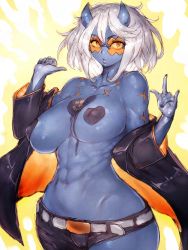 Rule 34 | 1girl, abs, alien, asymmetrical pants, aura, bare shoulders, blue horns, blue skin, bodypaint, colored skin, curvy, fumio (rsqkr), genderswap, genderswap (mtf), guilty gear, guilty gear strive, happy chaos, heart pasties, highres, horns, jacket, leather, leather jacket, monster girl, off shoulder, open clothes, open jacket, orange eyewear, paint, painted on, pants, pasties, pointing, pointing at self, star (symbol), sunglasses, white background, white hair