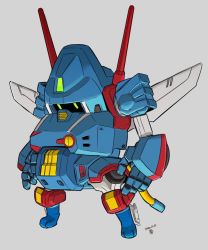 Rule 34 | arms at sides, dated, fusion, green eyes, grey background, jgsdf type 07 tank natchin, looking down, mecha, mechanical wings, moi moi7, no humans, open hands, original, robot, science fiction, sentou mecha xabungle, solo, wings, xabungle (mecha)