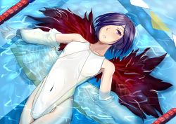 Rule 34 | 10s, 1girl, bad anatomy, black hair, competition swimsuit, hair over one eye, jacket, kirishima touka, mocchii, mocchii (motti1137), one-piece swimsuit, red eyes, short hair, swimsuit, tokyo ghoul, water, wings
