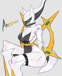 Rule 34 | arceus, belt, breasts, colored sclera, creatures (company), floating hair, game freak, gem, gen 4 pokemon, gold, green sclera, highres, large breasts, legendary pokemon, looking at viewer, medium hair, mythical pokemon, nintendo, pokemon, pokemon (creature), red eyes, sitting, tail, thick thighs, thigh belt, thigh strap, thighs, togetoge, wide hips