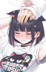 Rule 34 | 1boy, 1girl, animal ears, armpits, arms up, black choker, black hair, blue archive, blunt bangs, blush, bob cut, bracelet, cat ears, cat girl, choker, close-up, closed eyes, colored inner hair, commentary request, earrings, embarrassed, english text, extra ears, halo, headpat, highres, holding hands, jewelry, kazusa (band) (blue archive), logo, long sleeves, lonklink, looking at viewer, mask, mask on head, mouth mask, multicolored hair, nervous sweating, official alternate costume, out of frame, parted lips, print shirt, sensei (blue archive), shirt, short hair, short sleeves, sidelocks, simple background, surgical mask, sweat, t-shirt, two-tone hair, white background, white shirt