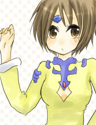 Rule 34 | 1girl, blush, breasts, brown eyes, brown hair, cleavage cutout, clothing cutout, dress, hair ornament, lowres, norma beatty, short hair, tales of (series), tales of legendia