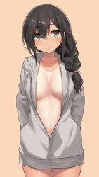Rule 34 | 1girl, bad id, bad pixiv id, black hair, blush, braid, breasts, brown eyes, cccpo, cleavage, coat, collarbone, grey jacket, hair between eyes, hair over shoulder, hands in pockets, highres, jacket, large breasts, long hair, long sleeves, looking at viewer, naked coat, navel, no bra, one-piece tan, open clothes, original, simple background, single braid, solo, tan, tanline, unzipped, zipper pull tab