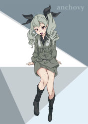 Rule 34 | 10s, 1girl, alternate costume, anchovy (girls und panzer), anzio military uniform, arm support, black ribbon, black shirt, character name, commentary request, dress shirt, drill hair, full body, geregere (lantern), girls und panzer, green hair, grey jacket, grey skirt, hair ribbon, highres, invisible chair, jacket, long hair, looking at viewer, military, military uniform, miniskirt, open mouth, red eyes, ribbon, shirt, sitting, skirt, smile, solo, twin drills, twintails, uniform, wing collar