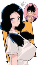 Rule 34 | 1boy, 1girl, black hair, blue eyes, blush, breasts, closed mouth, dragon ball, dragonball z, highres, kinakomochi (user vedc2333), large breasts, long hair, looking at viewer, shirt, smile, son gohan, twintails, videl, white shirt