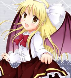 Rule 34 | 1girl, bat wings, black wings, blonde hair, bow, bowtie, brown skirt, center frills, commentary request, frilled skirt, frills, fuyoyo, hair ribbon, hairband, happy, highres, kurumi (touhou), long hair, long sleeves, open mouth, red bow, red bowtie, ribbon, shirt, sidelocks, skirt, skirt hold, solo, suspender skirt, suspenders, touhou, touhou (pc-98), upper body, very long hair, white hairband, white ribbon, white shirt, wings, yellow eyes