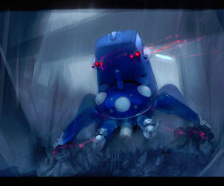 Rule 34 | backlighting, bad id, bad pixiv id, building, from below, ghost in the shell, glowing, indoors, lamp, letterboxed, light rays, machinery, mecha, no humans, rain, red eyes, robot, smoke, tachikoma, takashima, water