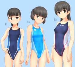 Rule 34 | 3girls, absurdres, arena (company), bad id, bad pixiv id, black eyes, black hair, blue background, blue one-piece swimsuit, competition swimsuit, cowboy shot, highres, long hair, looking at viewer, multiple girls, one-piece swimsuit, original, short hair, standing, swimsuit, takafumi, twintails