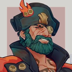 Rule 34 | 1boy, beard, bicorne, brown background, eyepatch, facial hair, green eyes, green hair, hat, looking at viewer, male focus, mature male, momo-deary, mustache, pirate hat, scar, scar across eye, simple background, solo, tattoo, two-tone background, upper body, white background