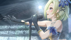 Rule 34 | blonde hair, concert, gloves, hair ornament, highres, idol clothes, jewelry, love live!, love live! nijigasaki high school idol club, love live! school idol festival all stars, mia taylor, microphone, music, necklace, pearl necklace, prbili, short hair, singing, stage, stage lights