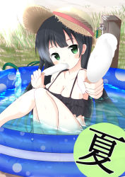 Rule 34 | 10s, 1girl, agano (kancolle), alternate costume, bare shoulders, barefoot, black hair, breasts, cleavage, collarbone, eating, eyebrows, food, green eyes, ice cream, kantai collection, large breasts, long hair, looking at viewer, outdoors, partially submerged, pool, solo, sou (soutennkouchi), swimsuit, wading pool, water