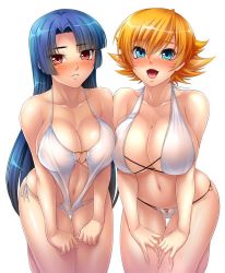 Rule 34 | 00s, 2girls, :d, asymmetrical docking, bare shoulders, barefoot, bikini, blonde hair, blue eyes, blue hair, blunt bangs, blush, breast press, breasts, cleavage, clenched hands, collarbone, cross-laced clothes, embarrassed, female focus, flipped hair, groin, hands on thighs, heart, hime cut, igawa sakura, kagami hirotaka, kneeling, large breasts, leaning forward, lilith-soft, long hair, looking at viewer, multiple girls, navel, nose blush, o-ring, o-ring bikini, o-ring top, official art, one-piece swimsuit, open mouth, orange hair, parted bangs, parted lips, red eyes, short hair, side-by-side, sideboob, slingshot swimsuit, smile, string bikini, swimsuit, taimanin (series), taimanin asagi, taimanin asagi kessen arena, thigh gap, transparent background, very long hair, white bikini, yatsu murasaki