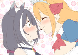 Rule 34 | 2girls, animal ear fluff, animal ears, blush, breasts, cat ears, cat girl, close-up, closed eyes, crown, floral background, food, from side, green eyes, highres, karyl (princess connect!), long hair, looking at another, low twintails, multicolored hair, multiple girls, nervous, orange hair, pecorine (princess connect!), pocky, pocky day, pocky kiss, princess connect!, purple hair, shared food, shirt, sideboob, sleeveless, sleeveless shirt, smile, sweatdrop, tiara, twintails, yue (show-ei), yuri
