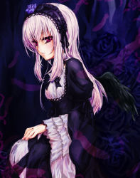 Rule 34 | 00s, 1girl, dress, female focus, gradient background, hairband, highres, long hair, plant, pokomi, red eyes, rozen maiden, silver hair, solo, suigintou, wings