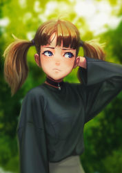 Rule 34 | 1girl, black neckwear, blue eyes, blue shirt, blurry, blurry background, breast pocket, brown hair, choker, closed mouth, day, green background, hair tie, highres, jewelry, jungon kim, light frown, long sleeves, looking to the side, original, pendant, pocket, shirt, shirt pocket, short hair, solo, twintails, upper body