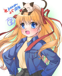 Rule 34 | 1girl, animal, animal on head, anniversary, black skirt, blue eyes, blue jacket, cat, cat on head, hands on own hips, highres, hinoue itaru, jacket, kanon, looking at viewer, on head, open mouth, piro, round teeth, sawatari makoto, skirt, smile, sweater, teeth, two side up, upper body, upper teeth only, yellow sweater