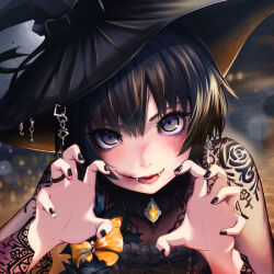 Rule 34 | 1girl, amagami, black dress, black eyes, black hair, black hat, black nails, close-up, dress, fangs, halloween, hat, highres, jewelry, lace, lace-trimmed dress, lace trim, looking at viewer, nail polish, nanasaki ai, oshizu, paw pose, ring, scar, scar on face, scar on mouth, short hair, solo, upper body, witch hat