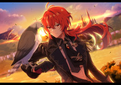 Rule 34 | 1boy, bad id, bad twitter id, bird, black gloves, blush, closed mouth, diluc (genshin impact), genshin impact, gloves, hair between eyes, long hair, long sleeves, male focus, pigeon, ponytail, red eyes, red hair, shirt, simple background, smile, sunset, yuu (mboj fdk)