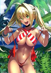 Rule 34 | 1girl, :d, ahoge, bare arms, bare shoulders, beach, bikini, bikini top lift, blonde hair, blue sky, blurry, blurry background, blush, breasts, cleavage, clothes lift, cloud, cloudy sky, collarbone, commentary request, criss-cross halter, day, depth of field, fate/grand order, fate (series), fingernails, green eyes, groin, hair between eyes, hair intakes, halterneck, hands up, head tilt, highres, large breasts, lifted by self, long hair, navel, nero claudius (fate), nero claudius (fate) (all), nero claudius (swimsuit caster) (fate), ocean, open mouth, outdoors, palm tree, red bikini, round teeth, sand, side-tie bikini bottom, sidelocks, signature, sky, smile, solo, standing, striped bikini, striped bikini top, striped clothes, swimsuit, teeth, torimahera, tree, twintails, upper teeth only, water