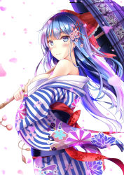 Rule 34 | 1girl, bare shoulders, blue eyes, blue hair, blush, breasts, female focus, flower, flower on head, hair ornament, hair ribbon, hasaya, highres, holding, japanese clothes, kimono, large breasts, long hair, looking at viewer, matching hair/eyes, off shoulder, original, petals, ribbon, smile, solo, umbrella