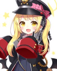 Rule 34 | 1girl, black coat, black dress, black hat, black wings, blonde hair, blue archive, blush, coat, demon wings, dress, halo, hat, ibuki (blue archive), long hair, looking at viewer, open clothes, open coat, open mouth, oversized clothes, peaked cap, sanotsuki, side ponytail, simple background, sleeves past fingers, sleeves past wrists, smile, solo, star (symbol), white background, wings, yellow eyes, yellow halo