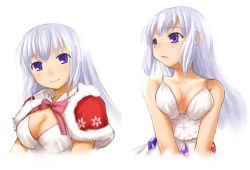 Rule 34 | 1girl, arin, bare shoulders, blue eyes, blue hair, blush, bow, breasts squeezed together, breasts, capelet, christmas, cleavage, jewelry, kasuga yukihito, long hair, matching hair/eyes, pangya, sidelocks, smile, solo