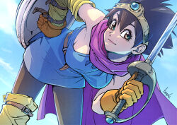 Rule 34 | 1girl, absurdres, bare shoulders, bent over, black eyes, black hair, black pantyhose, breasts, cape, dragon quest, dragon quest iii, dress, gloves, green dress, heroine (dq3), highres, holding, holding shield, holding sword, holding weapon, large breasts, orange gloves, pantyhose, purple cape, shield, solo, strikebeagle, sword, tiara, weapon