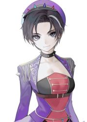 Rule 34 | 1girl, belt, black collar, black eyes, black hair, breasts, brown belt, cleavage, closed mouth, collar, collarbone, copyright request, grey eyes, hat, highres, jacket, keishi (shining star), long sleeves, looking at viewer, medium breasts, multicolored hair, ohisashiburi, pink jacket, shining star, short hair, simple background, smile, solo, spiked collar, spikes, two-tone hair, upper body, white background
