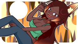 Rule 34 | 1girl, animal ears, breasts, brown eyes, brown hair, casual, claw pose, cleavage, colored tips, dark skin, denim, fangs, green tank top, hands up, highres, jeans, large breasts, liczka, long hair, multicolored hair, pants, solo, tank top, terraria, wolf ears, zoologist (terraria)