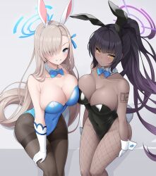 Rule 34 | 2girls, animal ears, asuna (blue archive), asuna (bunny) (blue archive), bare shoulders, black hair, black leotard, blonde hair, blue archive, blue eyes, blue leotard, blush, breasts, cleavage, dark-skinned female, dark skin, detached collar, elbow gloves, fake animal ears, fishnet pantyhose, fishnets, gloves, grin, hair over one eye, halo, highleg, highleg leotard, highres, karin (blue archive), karin (bunny) (blue archive), koflif, large breasts, leotard, long hair, looking at viewer, multiple girls, official alternate costume, pantyhose, playboy bunny, ponytail, rabbit ears, rabbit tail, smile, tail, thighband pantyhose, thighs, white gloves, yellow eyes