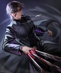 Rule 34 | 1boy, absurdres, bad id, bad twitter id, between fingers, black coat, black keys (type-moon), blood, blood on face, brown eyes, brown hair, coat, cross, cross necklace, evil smile, eyes visible through hair, fate/stay night, fate (series), forked eyebrows, highres, holding, jewelry, kotomine kirei, latin cross, leg up, long sleeves, male focus, medium hair, necklace, parted bangs, rijjin, smile, solo, sword, weapon
