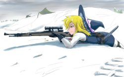 Rule 34 | 1girl, adapted costume, aiming, blonde hair, bolt action, buncha to imon, contemporary, female focus, gloves, gun, hat, karabiner 98k, kirisame marisa, knife, mauser 98, military, military vehicle, motor vehicle, perfect cherry blossom, rifle, shell casing, sniper, sniper rifle, snow, solo, tank, touhou, weapon, witch, witch hat, yellow eyes