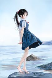 Rule 34 | 1girl, aqua eyes, arms behind back, barefoot, belt, black hair, blue belt, blue dress, blue eyes, bosack, bow, brown hair, day, dress, from side, full body, grin, hair bow, highres, long hair, looking away, neckerchief, on rock, original, outdoors, parted bangs, pink bow, pink neckerchief, ponytail, profile, red bow, red neckerchief, rock, shirt, sketch, sleeveless, sleeveless dress, smile, solo, standing, v arms, water, white shirt, wind
