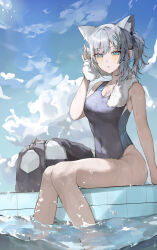 Rule 34 | 1girl, absurdres, animal ear fluff, animal ears, bag, black one-piece swimsuit, blue archive, blue eyes, blue sky, breasts, cloud, competition swimsuit, covered navel, cross hair ornament, extra ears, feet out of frame, grey hair, hair ornament, halo, highres, looking at viewer, low ponytail, medium breasts, medium hair, mikka (mikka art), mismatched pupils, multicolored clothes, multicolored swimsuit, official alternate costume, one-piece swimsuit, shiroko (blue archive), shiroko (swimsuit) (blue archive), sitting, sky, soaking feet, solo, swimsuit, towel, towel around neck, water, wolf ears