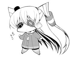 Rule 34 | 1girl, amatsukaze (kancolle), ataru (ataru-littlebird), chibi, choker, commentary request, covered eyes, dress, eyepatch, full body, greyscale, hair tubes, hat, kantai collection, lifebuoy ornament, mini hat, monochrome, neckerchief, sailor collar, sailor dress, smokestack hair ornament, solo, standing, striped clothes, striped thighhighs, thighhighs, translation request, two side up, you&#039;re doing it wrong