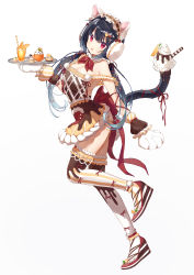 Rule 34 | 1girl, :o, absurdres, acco (sh in), animal ears, animal hands, black hair, blue hair, breasts, brown thighhighs, cat ears, cat girl, cat paws, cat tail, cleavage, drink, food, fruit, fruits fulcute!, full body, gradient hair, hair ornament, hairclip, hand up, highres, holding, holding plate, ice cream, leg up, long hair, looking at viewer, maid headdress, multicolored hair, orange (fruit), orange (fruits fulcute!), orange slice, parted lips, plate, red eyes, red ribbon, ribbon, simple background, solo, sweets, tail, tail ornament, tail raised, tail ribbon, thighhighs, white background, white thighhighs