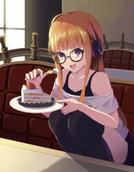Rule 34 | 1girl, :d, absurdres, ahoge, bare shoulders, black-framed eyewear, black camisole, black thighhighs, blunt bangs, cake, cake slice, camisole, commentary, couch, eating, feet out of frame, food, fork, fruit, glasses, happy, headphones, highres, holding, holding fork, holding plate, indoors, leaning forward, light blush, light particles, long hair, looking at viewer, off-shoulder shirt, off shoulder, on couch, open mouth, orange hair, persona, persona 5, plate, purple eyes, round eyewear, sakura futaba, shirt, sidelighting, sidelocks, smile, solo, squatting, straight hair, strawberry, thighhighs, white shirt, yasuba yuichi