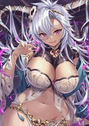 Rule 34 | 1girl, breasts, commentary request, dark-skinned female, dark skin, fangs, fediel (granblue fantasy), granblue fantasy, groin, hair between eyes, hand up, highres, horns, ks (xephyrks), large breasts, long hair, looking at viewer, navel, parted lips, purple eyes, silver hair, smile, solo, stomach, wide sleeves