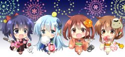 Rule 34 | 4girls, :d, aerial fireworks, akatsuki (kancolle), anchor symbol, animal, animal on head, bad id, bad pixiv id, bag, black hair, black kimono, blue eyes, blue hair, blue kimono, blush, brown eyes, brown hair, brown kimono, candy apple, cat mask, chibi, chick on head, chocolate banana, commentary request, cotton candy, covered mouth, enemy lifebuoy (kancolle), fireworks, floral print, food, full body, gradient sky, hair between eyes, hibiki (kancolle), highres, hizuki yayoi, holding, holding food, ikazuchi (kancolle), inazuma (kancolle), japanese clothes, kantai collection, kimono, lantern, long hair, long sleeves, mask, multiple girls, on head, open mouth, orange kimono, ponytail, print kimono, purple eyes, purple hair, satchel, short hair, sky, smile, standing, very long hair, white kimono, wide sleeves, yukata