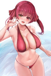 Rule 34 | 1girl, bare shoulders, bikini, breasts, cleavage, collarbone, cowboy shot, eyelashes, gluteal fold, hand up, heterochromia, highres, hololive, houshou marine, houshou marine (summer), large breasts, looking at viewer, navel, neneru, open mouth, red bikini, red eyes, red hair, round teeth, skindentation, smile, solo, swimsuit, teeth, thighs, upper teeth only, virtual youtuber, w, water, wet, wet hair, yellow eyes