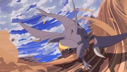 Rule 34 | black sclera, claws, cloud, colored sclera, commentary request, creatures (company), day, game freak, garchomp, gen 4 pokemon, highres, kura (shironagasu02), nintendo, no humans, open mouth, outdoors, pokemon, pokemon (creature), rock, sharp teeth, sky, solo, teeth, yellow eyes