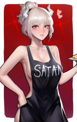 Rule 34 | 1girl, absurdres, apron, breasts, cleavage, clothes writing, collarbone, demon girl, hand on own hip, heart, helltaker, highres, horns, kidmo, large breasts, lips, looking at viewer, lucifer (helltaker), mole, mole under eye, naked apron, red background, red eyes, solo, white hair, white horns