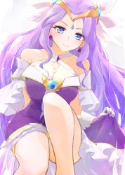 Rule 34 | 1girl, aqua eyes, ashita wa hitsuji, bare shoulders, breasts, cleavage, commentary request, cure earth, dress, earrings, eyelashes, fuurin asumi, hair ornament, happy, healin&#039; good precure, highres, jewelry, large breasts, long hair, looking at viewer, magical girl, precure, purple dress, purple hair, simple background, smile, solo, very long hair, white background