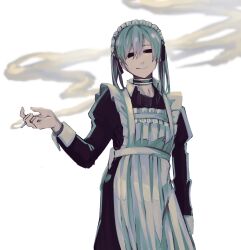 Rule 34 | 1girl, apron, aqua hair, black choker, black dress, choker, cigarette, closed mouth, commentary request, cowboy shot, dress, employee (project moon), highres, holding, holding cigarette, juliet sleeves, lobotomy corporation, long hair, long sleeves, maid, maid apron, maid headdress, original, project moon, puffy sleeves, simple background, smile, smoke, solo, sumuna sunaco, twintails, white apron, white background