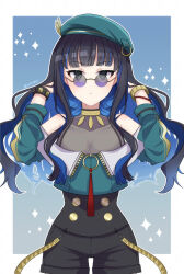 Rule 34 | 1girl, absurdres, bare shoulders, beret, black hair, black shorts, blue hair, bracelet, breasts, buttons, colored inner hair, double-breasted, eyeliner, fate/grand order, fate (series), green hat, green jacket, grey eyes, hat, highres, jacket, jewelry, long hair, looking at viewer, makeup, multicolored hair, neck ring, o-ring, off shoulder, round eyewear, shorts, sidelocks, small breasts, solo, sparkle, sunglasses, tenochtitlan (fate), tenochtitlan (second ascension) (fate), wavy hair, yuki10825, zipper